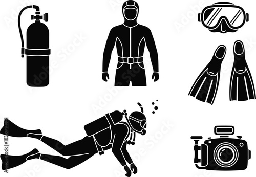 Scuba diving, diver, oxygen tank, wetsuit, flippers, diving mask, underwater camera, marine exploration, sea adventure, water sports, ocean diving equipment vector illustration