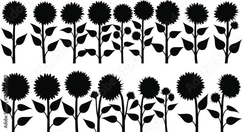 Seamless sunflower silhouette border with repeating floral pattern, botanical garden design, black vector illustration for decorative nature themed artwork, crafting and print projects