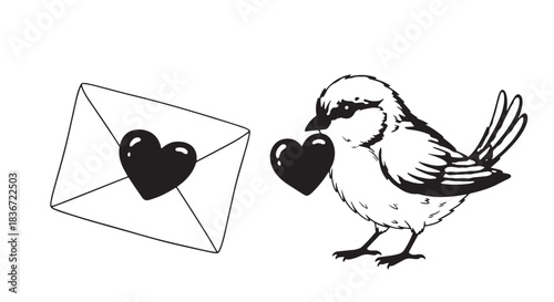 Illustration of a bird delivering a love letter through a heart-sealed envelope.