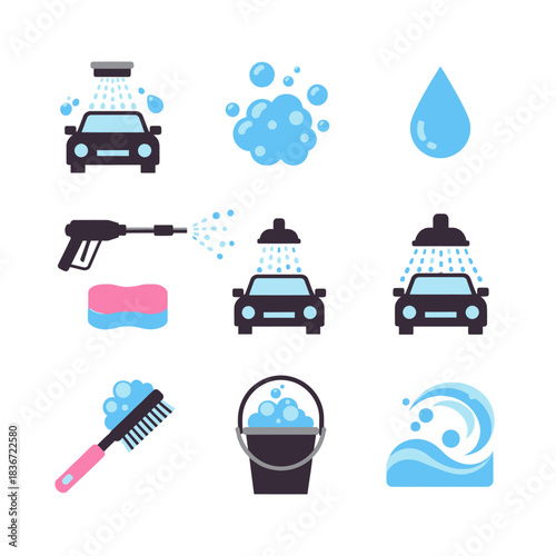 Modern car wash icons showcasing blue foam bubbles, water splashes, soapy vehicles, sprayers, buckets, sponges, and washing tools