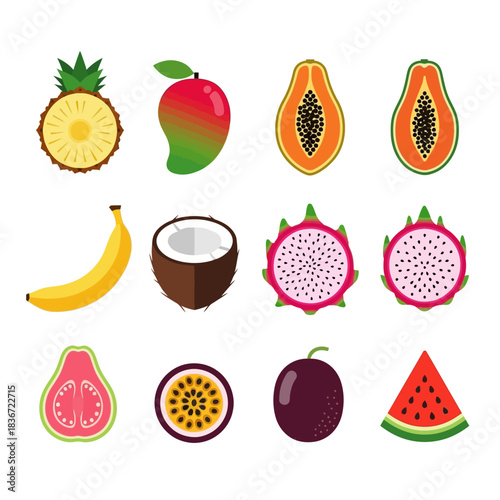 Colorful Tropical Fruit Icons Including Pineapple, Mango, and Papaya