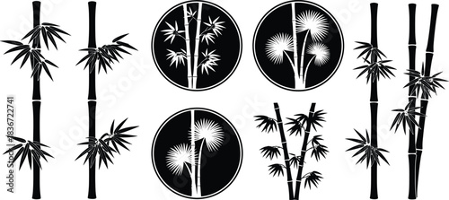 Black Bamboo and Palm Tree Silhouette Vector Set, Oriental Asian Tropical Leaves Clipart, Zen Nature Graphic Design Elements for Logo, Print, and Decor.
