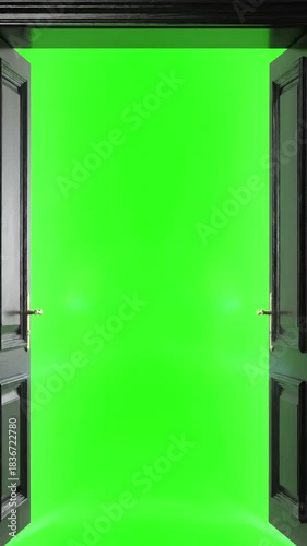 Green Screen black classic doors opening background animation 3d render alpha channel scene 1 with distortion, overlay, glitch, static noise, scan lines on background, 4k animated video loop