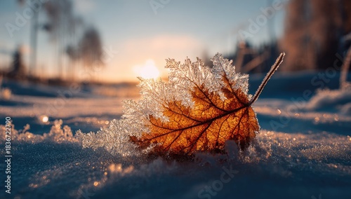 Single frosted leaf catches winter sunlight on snowy ground