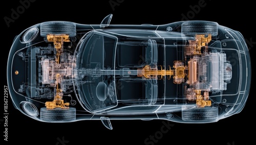 X-ray view of car chassis and drivetrain, transparent exterior, black background