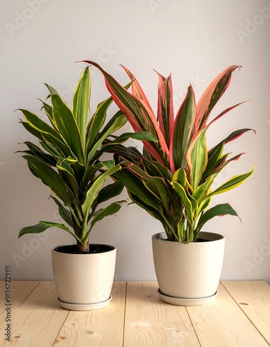 Two potted plants with colorful leaves against a neutral backdrop