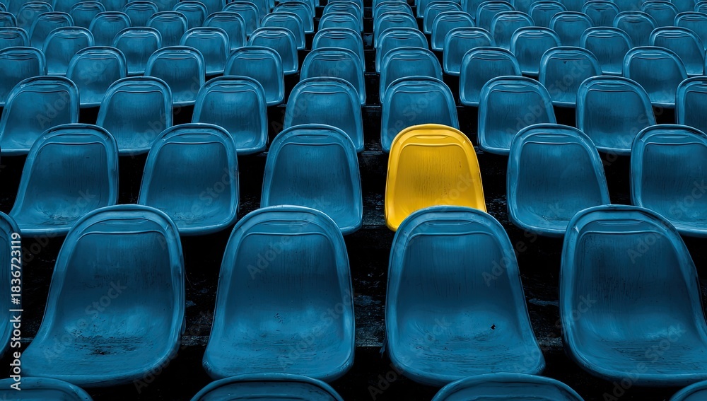 Fototapeta premium Rows of empty stadium seats, one bright yellow, others blue