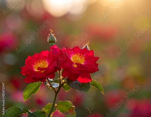 Two red roses bathed in golden sunlight with blurred, out-of-focus background