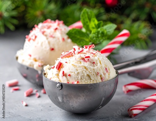 Two scoops of peppermint ice cream in metal scoops