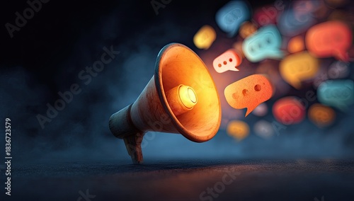 Vintage megaphone emits colorful speech bubbles, creating a vibrant, energetic message