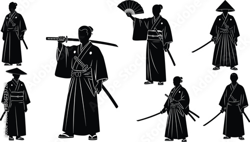 Samurai warrior vector set, Japanese fighters with swords and fans, traditional kimono silhouette collection, ancient martial arts design elements, black and white