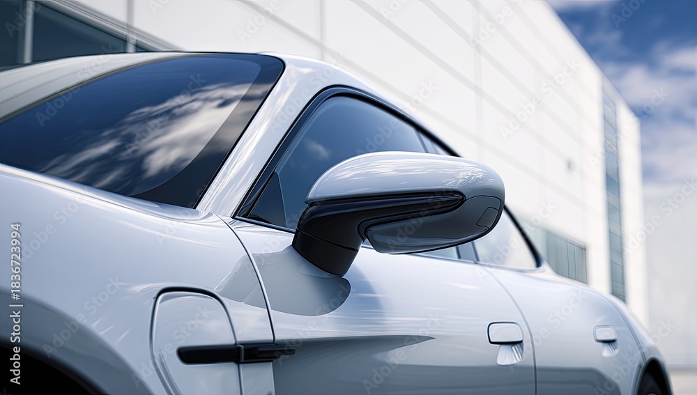 Fototapeta premium Sleek, modern electric car side view, reflecting sky and clouds