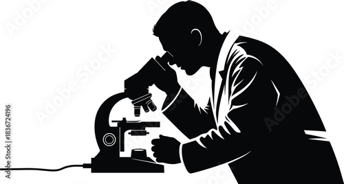 Black Silhouette of Scientist Working with Microscope, Vector Graphic, Lab Research and Analysis, Scientific Discovery and Study, Medical Technology and Future