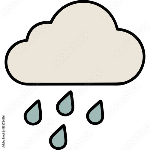 Simple illustration of a fluffy pale grey cloud with falling raindrops on a transparent background symbolizing rain and weather