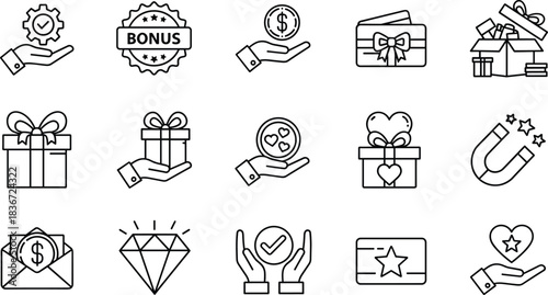 Bonus, Gift, and Loyalty Program Line Icons Set, Including Magnet, Gift Box, Diamond, Voucher, Coins, and Customer Reward Concepts Vector.