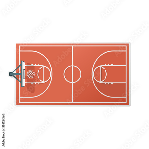Top View of an Empty Orange Basketball Court with White Lines and Hoop Ready for a Game or Practice Session with Bright Lighting