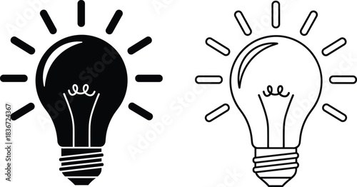 Bright light bulb icon set, solution, idea, innovation, inspiration, invention, creativity symbol, black silhouette and line art vector illustration.