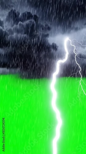 Extreme Weather Elements with intense thunderstorm effects bright lightning and pouring rain on a vibrant green screen mov distortion, overlay, glitch, static noise, scan lines black background, 4k