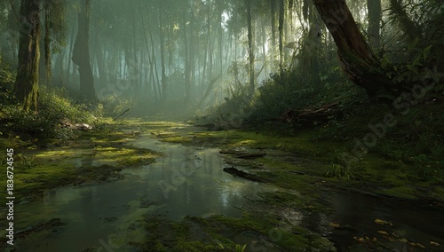 Misty forest path winding through lush, mossy terrain with a reflective stream