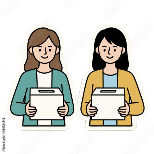 Two women with medium length hair wearing teal and yellow cardigans holding voting ballot boxes with smiling faces against a white background depicted in a simple flat illustration style