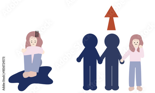 自分は他者より劣っていると思う女性と、他者と共に歩んでいく女性のイラスト