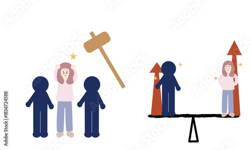 人より優れると攻撃されると思う女性と、自分の価値と成果は関係ないと思う女性のイラスト