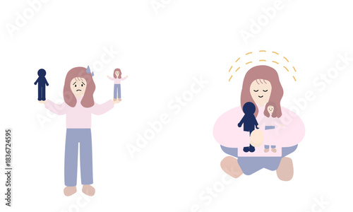 自分と他者を比べる女性と、優劣関係なく受け入れる女性のイラスト