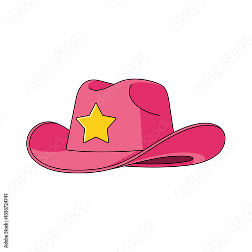 Vibrant Pink Cowboy Hat With A Yellow Star Emblem Adorned With Black Outline Detail On A Simple Black Background