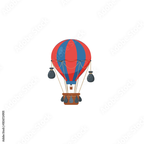 Vintage Hot Air Balloon With Red And Blue Stripes And Wicker Basket Attached By Ropes Suspended Mid Air With Sacks On Sides Isolated On Black Background Artistic Illustration