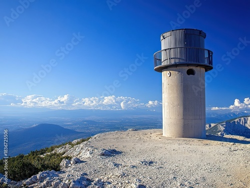 Panoramic view from Mont Ventoux with the Observatory Tower and beautiful clear blue sky