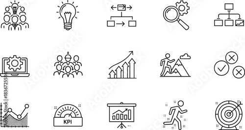 Business Management and Success Line Art Icon Set for Strategic Planning, Goal Achievement, Teamwork, Efficiency, and Corporate Growth Vector