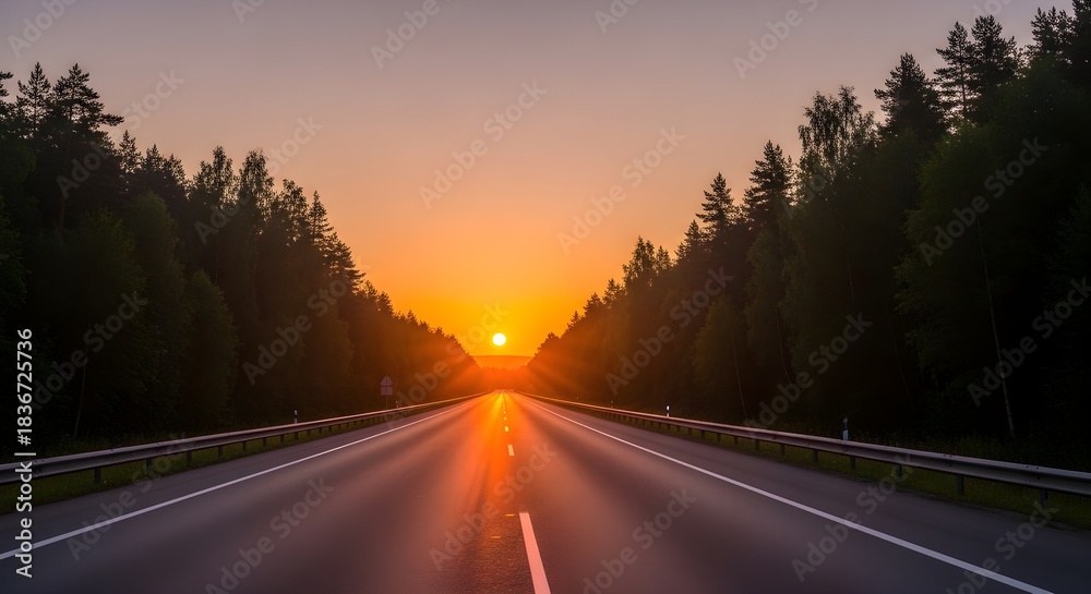 Fototapeta premium Sunrise over a long, empty highway lined with trees, casting a warm glow across the asphalt