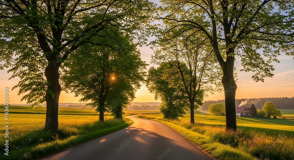 Naklejka premium Serene Countryside Road at Golden Hour, Lush Green Fields, and Distant Farmhouse Under Warm Sunlight