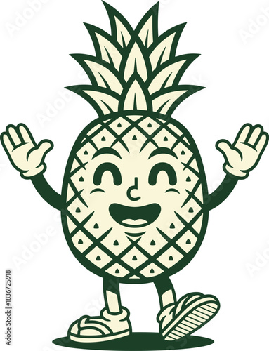 Cheerful Retro Cartoon Pineapple Mascot Character Walking Happily with Arms Raised, Symbolizing Tropical Fun, Summer Vibe, Healthy Fruit, and Vintage Style Food Graphic Design Asset.
