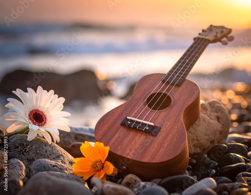 Ukulele and flowers rest on beach rocks against an ocean sunset