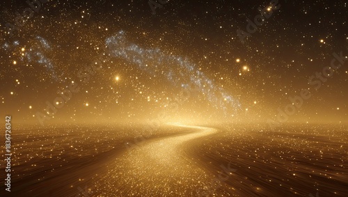 Golden luminous path winding through a starlit, shimmering, cosmic expanse