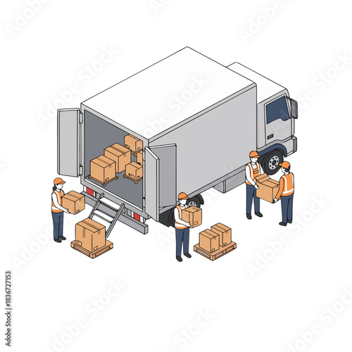 Workers Unloading Boxes From A White Truck On A Black Background With Isometric 3D Vector Art Style
