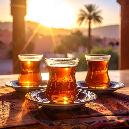 Warm evening light bathes three glasses of tea on a table