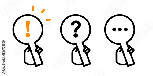 Magnifying Glass Icons: Exclamation, Question, and Ellipsis Symbols