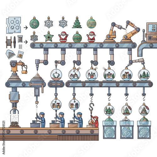 Flat 2D vector: cross-section of factory assembly line producing glass baubles, wooden toys, and metallic star ornaments.