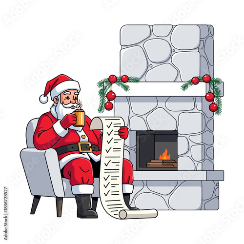 Modern Santa Claus is relaxing comfortably in a festive armchair, sipping hot cocoa by a minimalist fireplace while reviewing his successful delivery list in a vibrant flat 2D vector illustration.