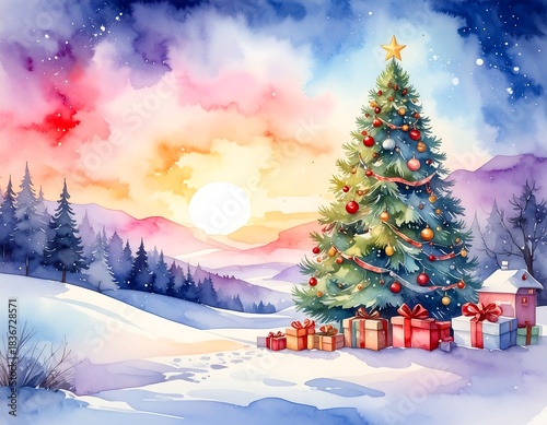Watercolor scene with decorated tree, gifts, snowy landscape, and sunset