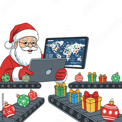 Ilustrasi vektor 2D datar, Sinterklas modern yang efisien merencanakan pengiriman hadiah global menggunakan tablet digital, dikelilingi oleh ban berjalan penuh kado dan ruang salinan.