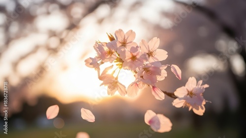 Close up of delicate cherry blossom flowers with sunlight and blurred background