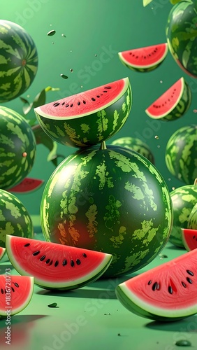 Watermelons cascade against a verdant backdrop, slices scattered