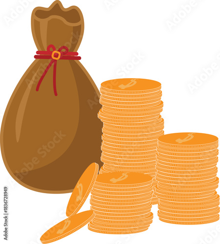 Vector illustration of dollar bill, coin, and money bag, representing money, finance, savings, investment, and business economy