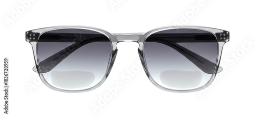 Stylish clear frame bifocal gradient sunglasses feature a modern design with dark to light lenses and visible reading segments, presented in a precise, eye-level studio shot