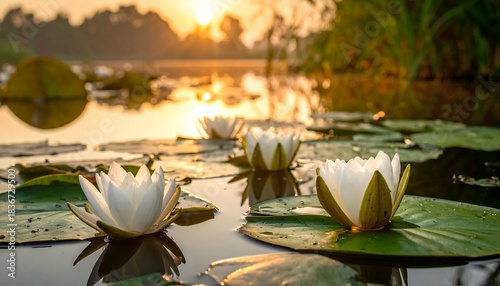 White lilies float on a tranquil lake, bathed in warm sunset light