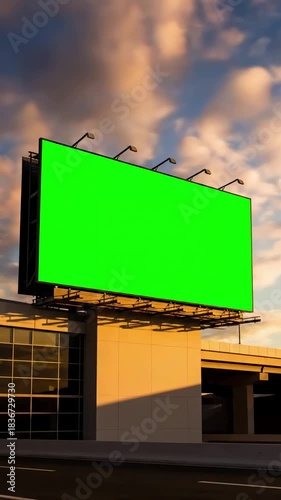 Outdoor Media Solution with timelapse wide blank green billboard or large advertising display chroma key time lapse screen template mock up and copy space concept distortion, overlay, glitch, static