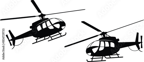 Silhouette of two helicopters flying in formation, aviation concept with rotor aircraft, air transportation, flight control, and emergency rescue design.